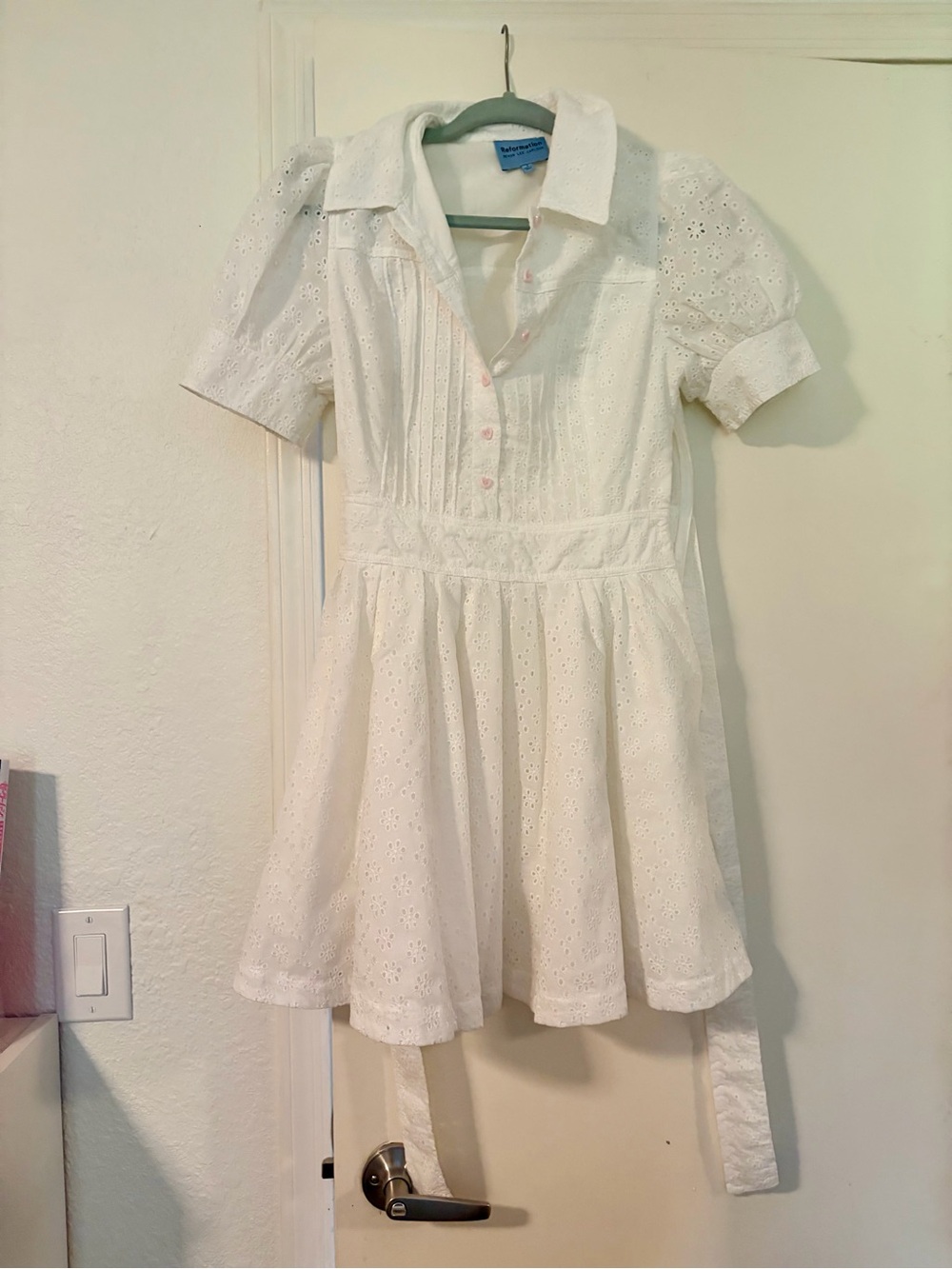 Reformation White Eyelet Short Sleeve Shirt Loonette Dress Devon Lee Carlson